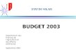 Département des finances de lagriculture et des affaires extérieures Septembre 2002 ETAT DU VALAIS BUDGET 2003