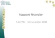 Rapport financier A.G. FFSc – 1er novembre 2013. ChargesProduitsRésultat Réel 2012-131 237 k 1 282 k + 45 k Budget 2012-131 227 k1 214 k- 13 k Réel 2011-121
