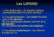 Les LIPIDES I. Les acides gras : de longues chaînes hydrophobes plus ou moins saturées II. Les glycérolipides : des esters d'acides gras et de glycérol