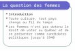 La question des femmes Introduction Toute culture, tout pays change au fil du temps Les femmes nont pas obtenu le droit de voter au Québec et de se présenter