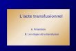 L’acte transfusionnel A. Préambule B. Les étapes de la transfusion