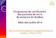 Programme de certification des pommes de terre de … · Audits 2014 Septième année du PCQ. Réalisés par deux inspecteurs de Qualiterra. De la mi-septembre à la fin novembre